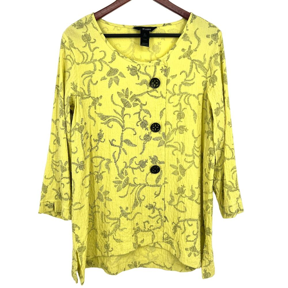 Ali Miles Womens Size Medium Yellow Abstract Artsy Blouse Shirt Top Wearable Art